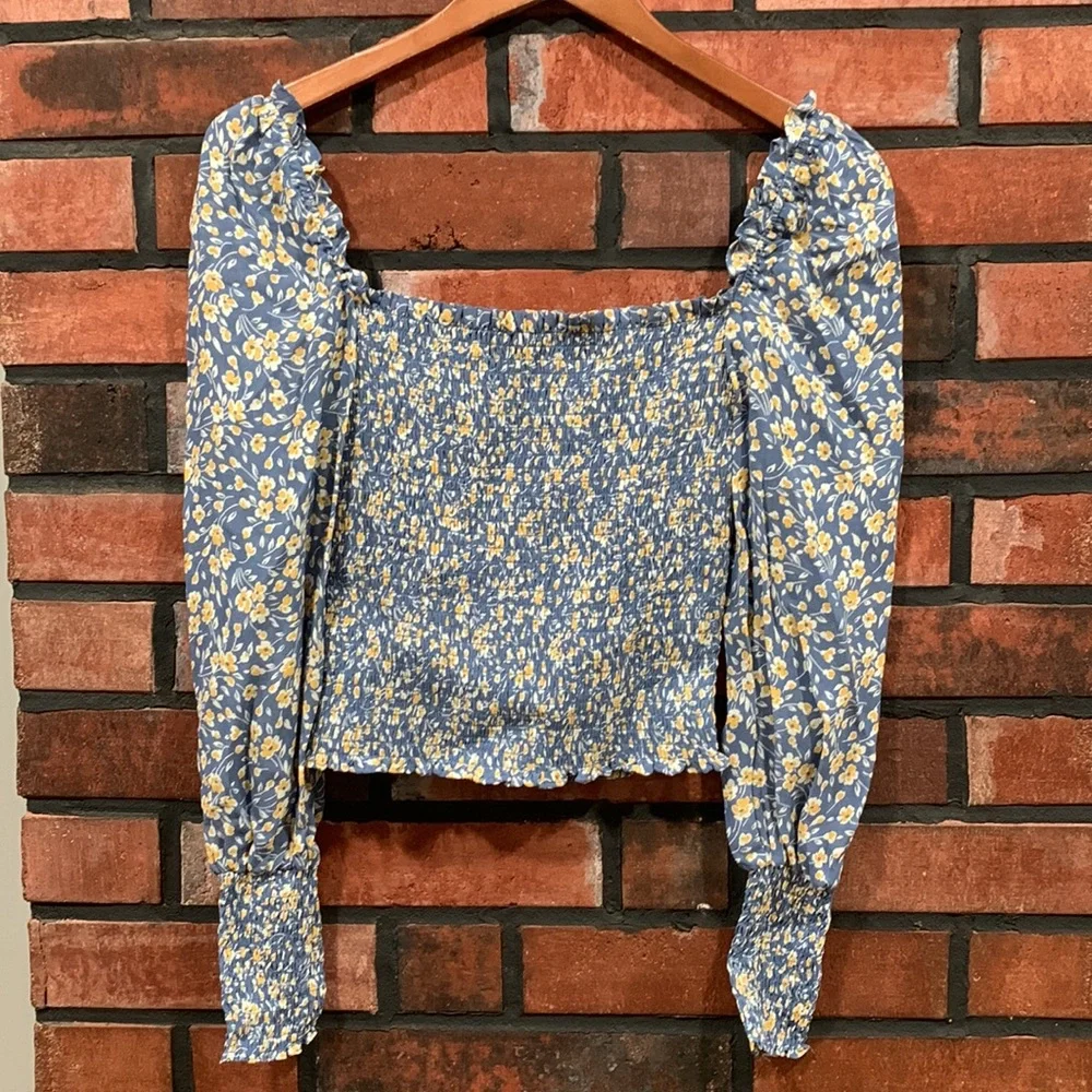 Reformation Blue Floral Smocked Square-Neck Top